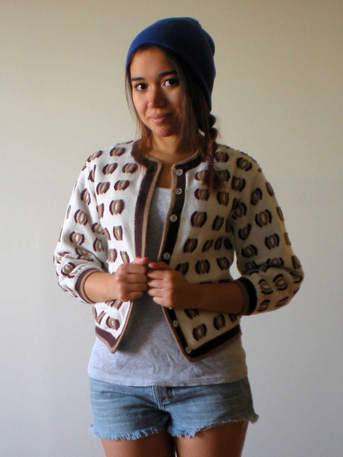 Brown and White EMBROIDERED Sweater 3/4 Length Sleeves