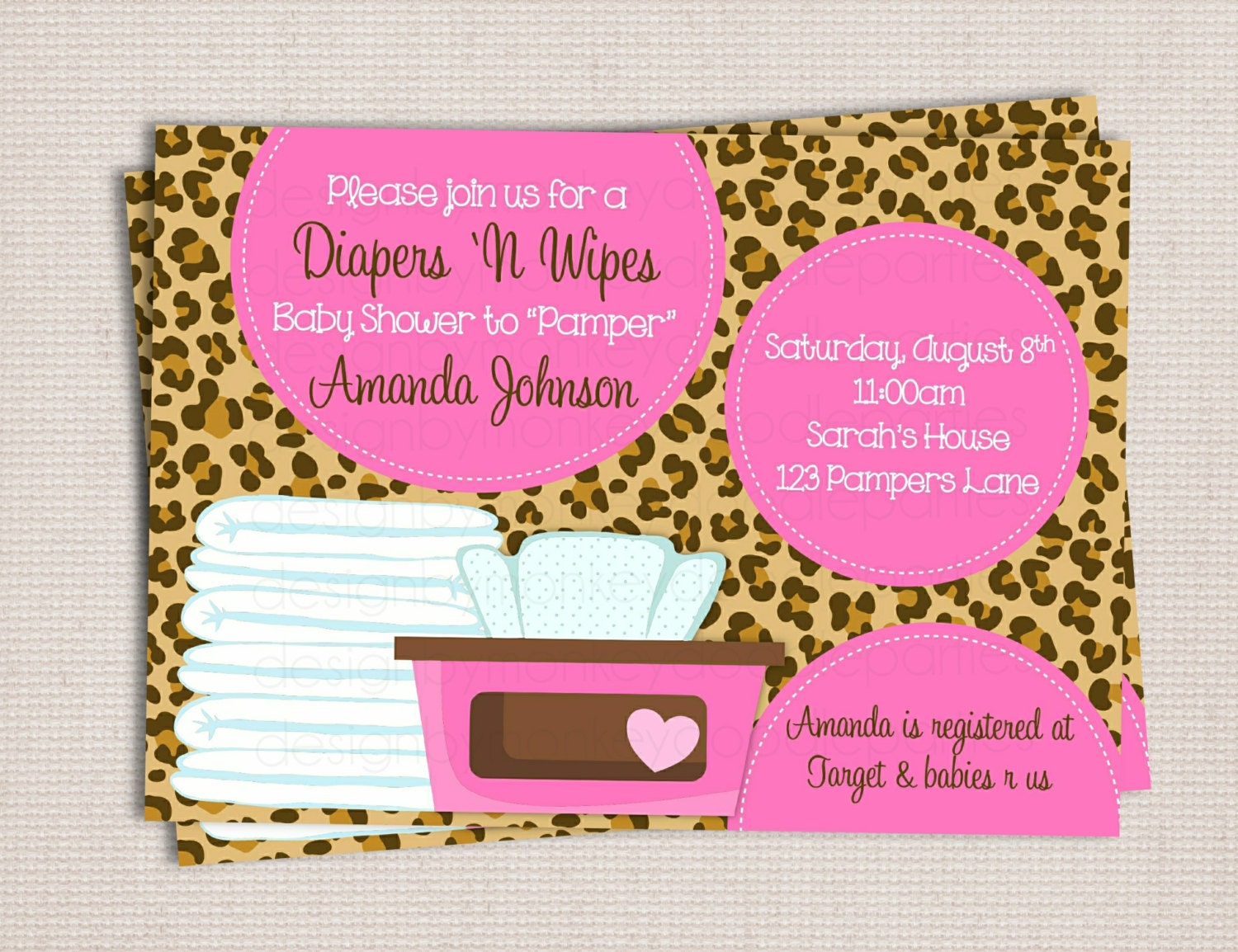 Diaper and Wipe Custom Printable Baby Shower Invitation Baby Girl Cheetah Leopard Print Il_170x135
