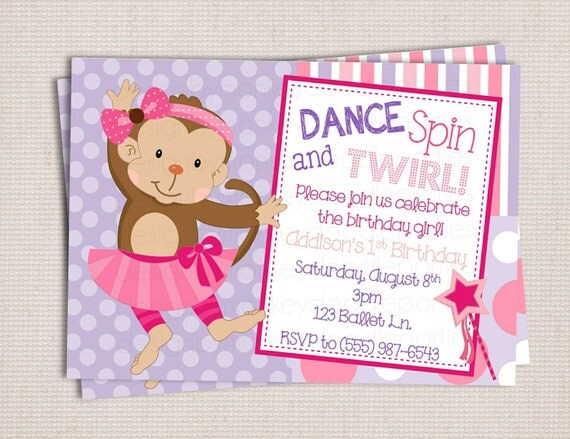 Girly Pink & Purple Ballerina Monkey Birthday Party Printable Invitation Digital File Il_570xn