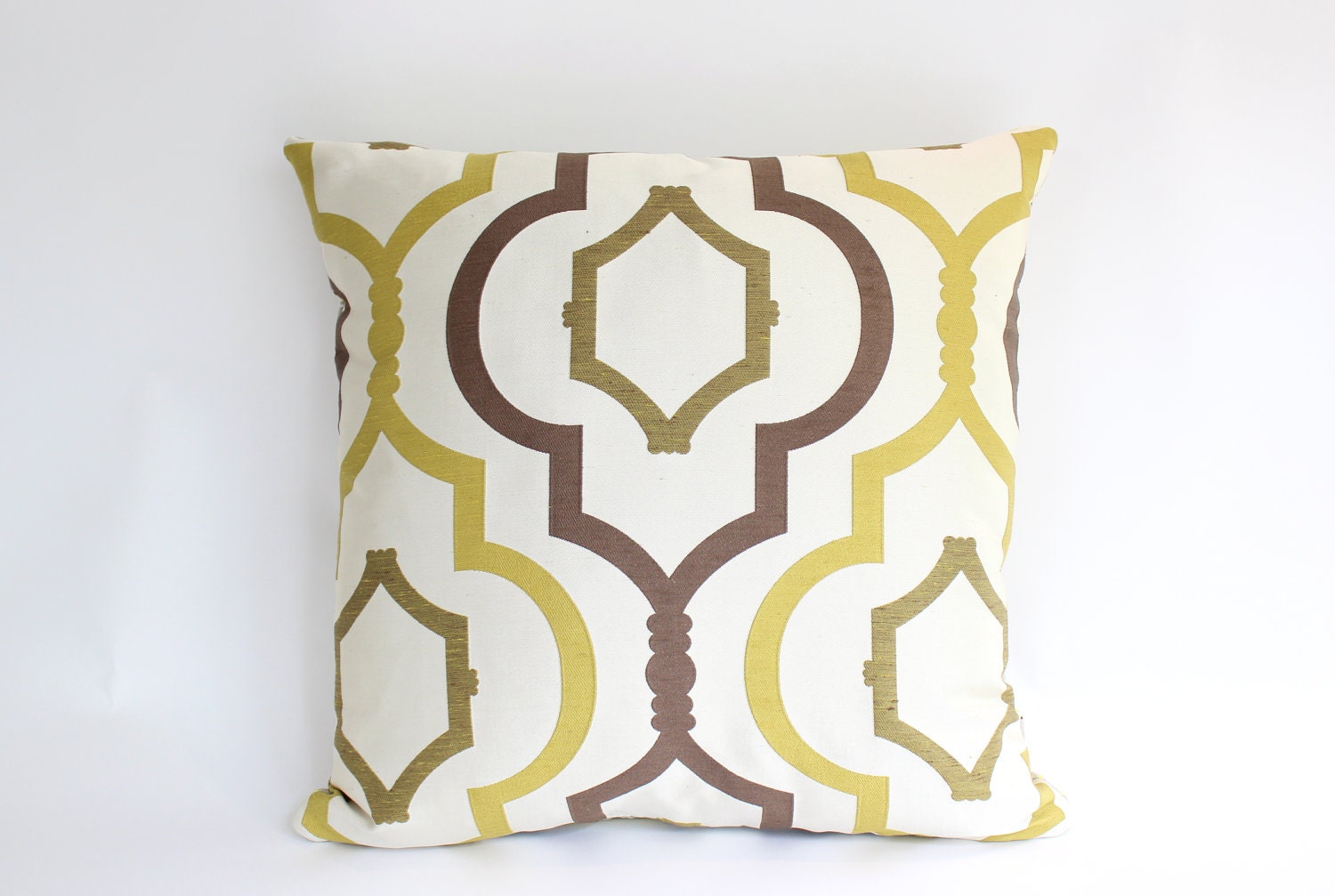 Designer Pillow Cover in Chartreuse, Ivory and Brown Geometric Pattern, 20inch Square