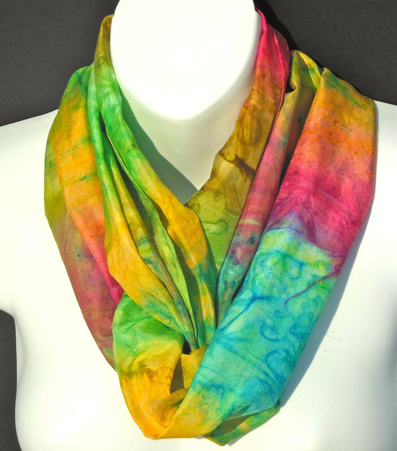 Rainbow Bright SILK SCARF. Hand Painted Silk Scarf by New York City artist Joan Reese/100%Silk/11''x60"