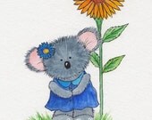 Children's watercolour Koala room art Print 5 x 7 Koala and sunflower Spring summer Flowers Girl Happy Sunny Cute Wildlife