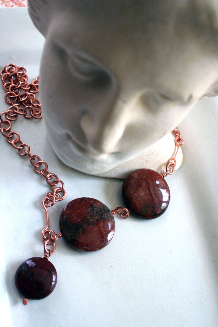 Handcrafted Copper Necklace, Rust Colored Round Gemstone Beads, Handcrafted Chain and Clasp