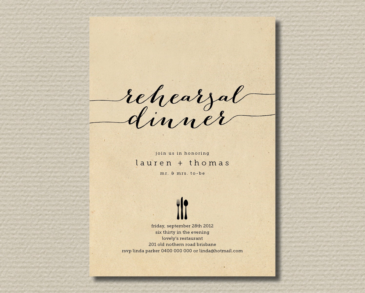 Printable Wedding Rehearsal Dinner Invitation - Rustic Background with black  (RD20)