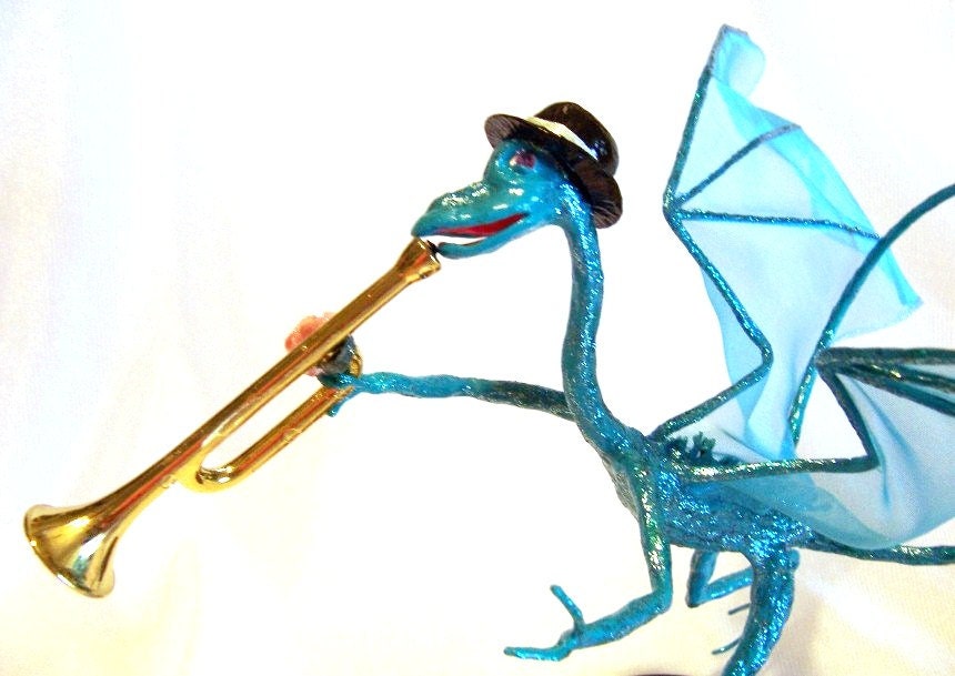 Dragon Musician Art Doll: Miles, Turquoise Dragon Playing a Trumpet