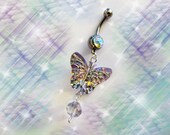 SALE-Belly Ring, Glittery Butterfly with Swarovski Crystal Belly Button Navel Ring, Belly Jewelry for her
