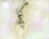 SALE---Belly Ring Sterling Silver Filigree Leaf With Dangling Silver Filigree Bead, Belly Button Jewelry for Her