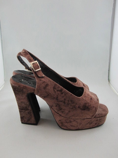 1990s PLATFORMS crushed velvet CLUBKID sling back brown. size 6. Japan.