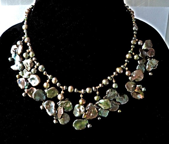 Keshi Petal Pearl Statement Necklace Deep by TransfigurationsJlry