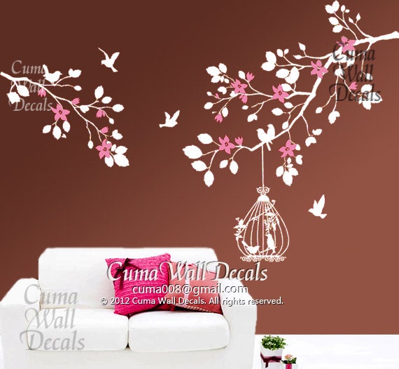 Vinyl wall decals branch birds wall decals tree whildren wall decals nursery wall art- branch cherry blossom birdcage birds Z110 CUMA