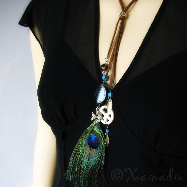 Peace On Earth Ultrasuede Lariat Necklace - Bohemian Style Necklace With Silver Plated Charms, Peace Sign And Peakcock Feather Pendant