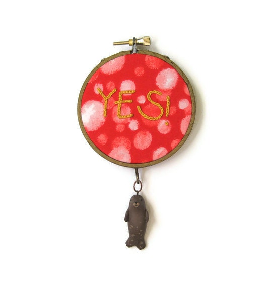 Seal of Approval Embroidery Hoop (with HandyMaiden) - Handpainted Miniature Seal Animal Red Home Decor
