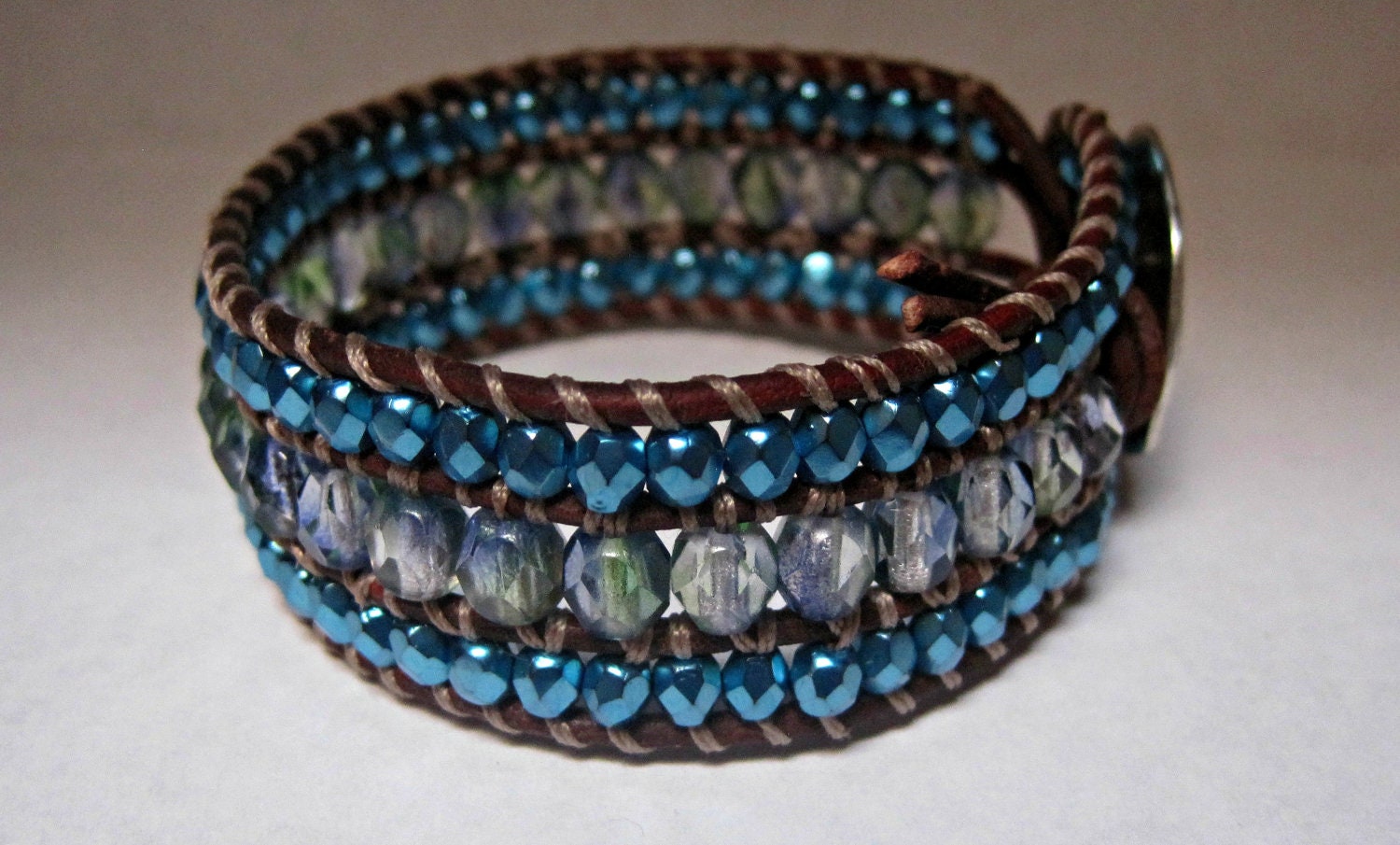Beaded Leather Cuff, Triple Row Beaded, Blue Green Turquoise Sparkle, Boho Chic, Earthy
