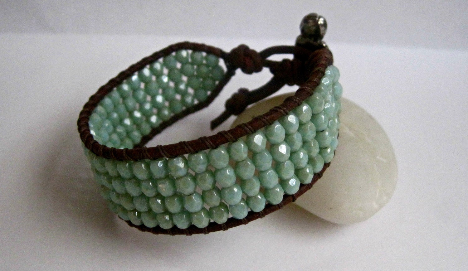 Beaded Leather Cuff, Mermaid's Tail Seafoam Stardust, pale turquoise, Boho chic, Beach