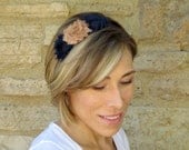 Adult and Girls Headband - Navy and Tan Trio Shabby Chic Flower Headband