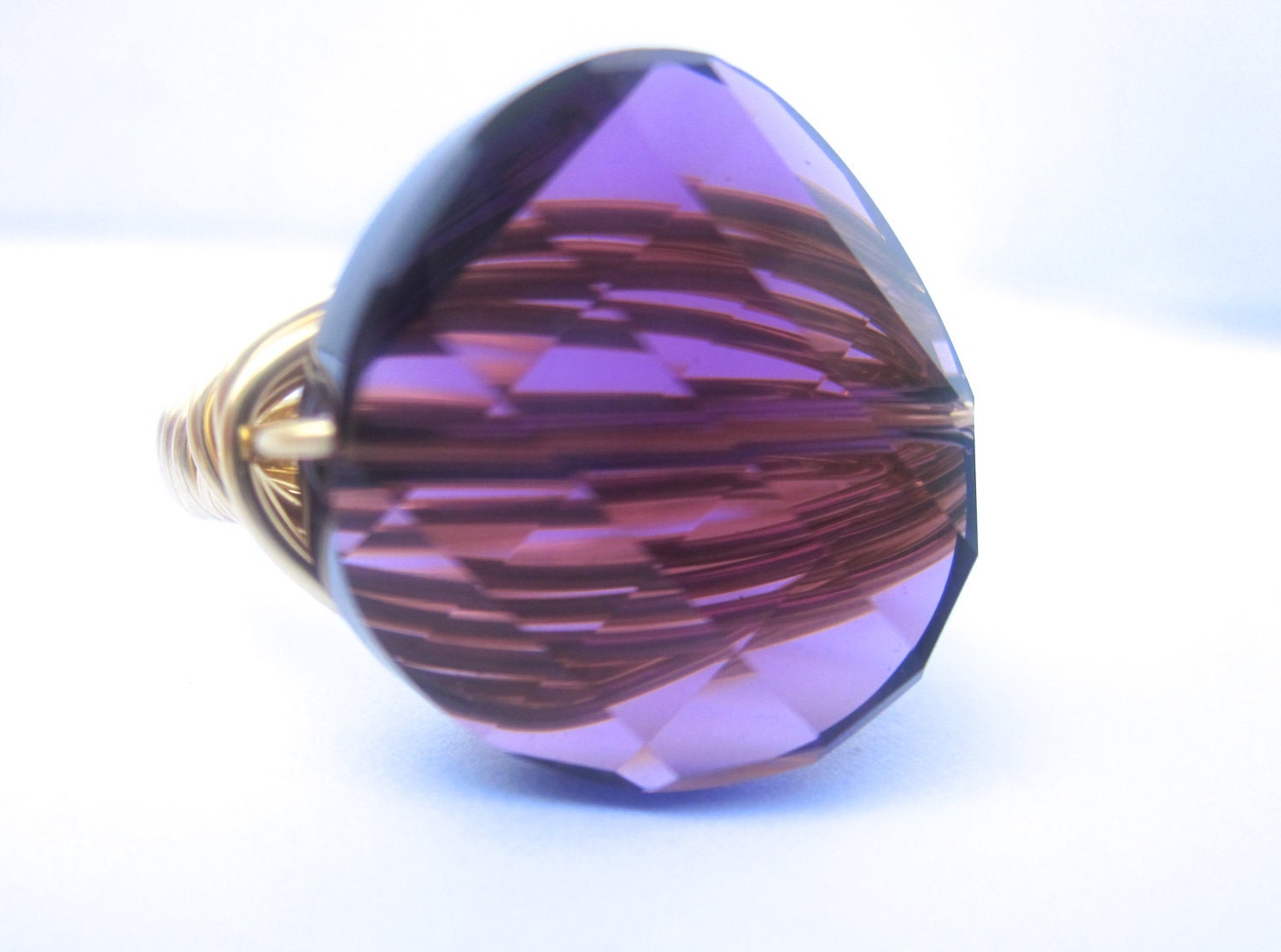 Sparkling Swarovski Crystal Ring- Big Ring, Amethyst Purple, Gold Plated Wire Wrapped, Fall Jewelry, Autumn