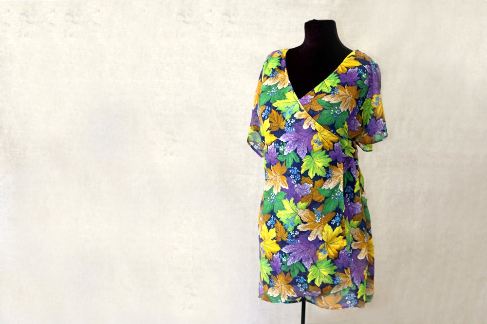 silk wrap blouse, shirt or tunic, Uzbek silk, floral or ikat, green yellow and violet, more colors available