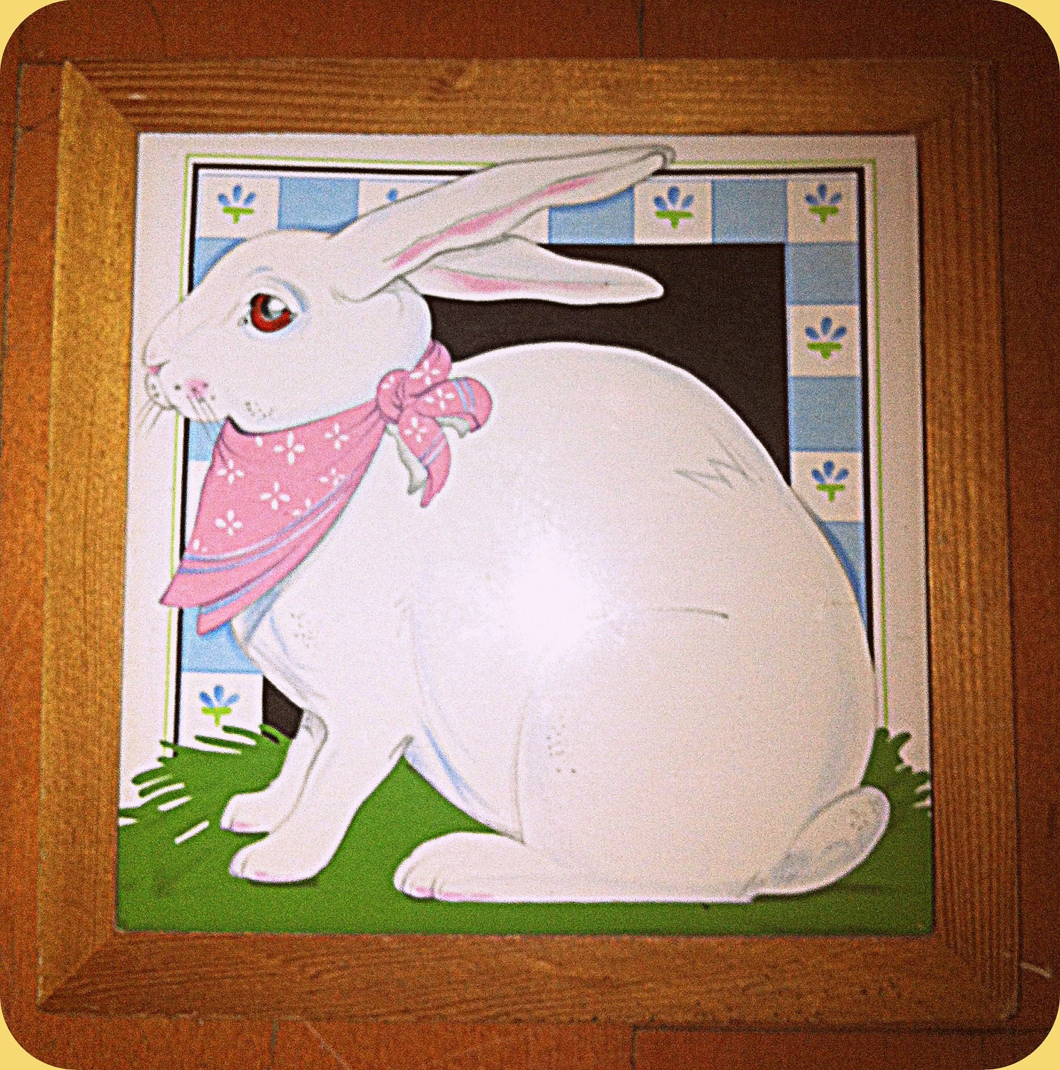 Bunny Rabbit Ceramic & Wodden Hot Plate Pan Holder Pink Blue White Bunny