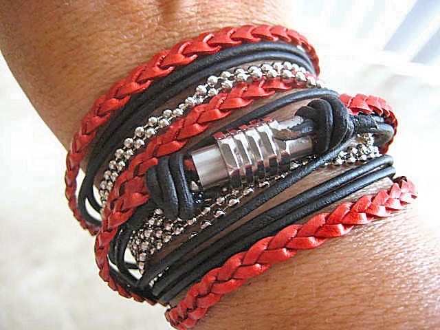 Boho Chic Pearlized Red and Black Leather Wrap Bracelet with Silver Accents... Magnetic Clasp ..."FREE SHIPPING"