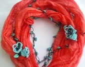 Coral and Turquois Flowers with Natural Stones Coral Silk Foulard or Necklace - redappletr Coral and Turquois Flowers with Natural Stones Coral Silk Foulard or Necklace - redappletr