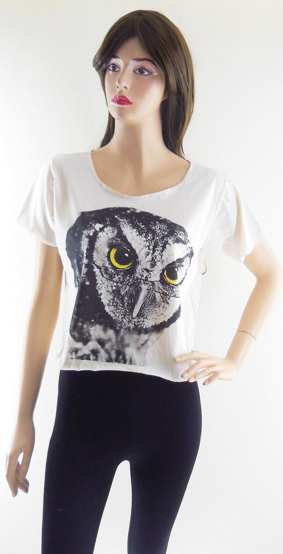 Owl Glasses Animal Design Women Shirts Crop Top Tee Shirt Cream T