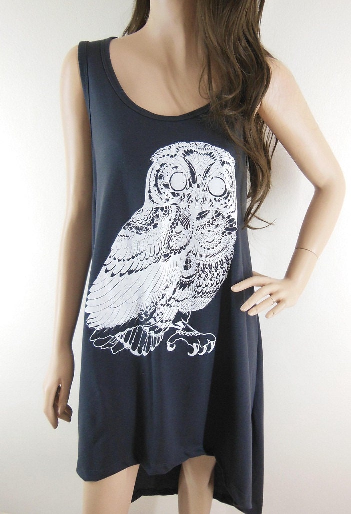 Owl Bird Animal Style Front Short Than Black T-Shirt Tunic Tank Shirt Maxi Dress Screen Print Size M