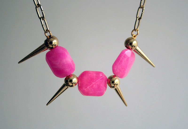 Neon spike necklace hot pink and gold with detachable blue drops. spike jewelry
