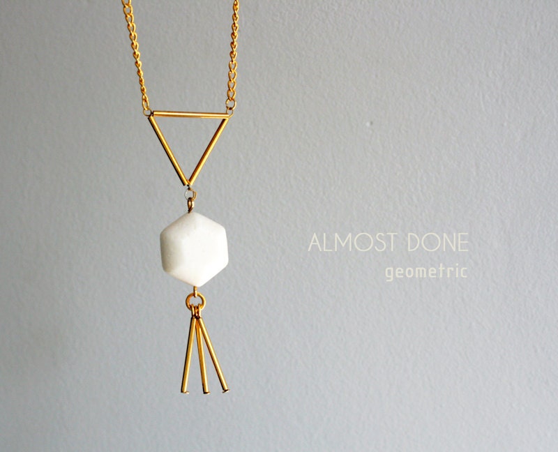 Geometric necklace, hexagon and triangle necklace, gold and white coral tassel necklace,