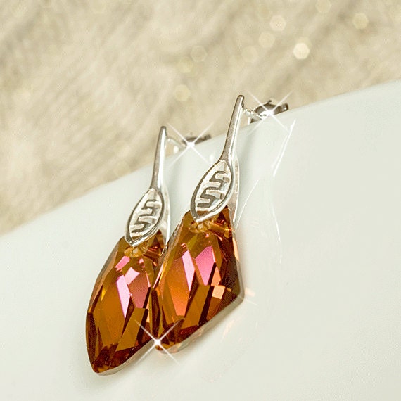 Swarovski Crystal Copper Earrings, Sterling Silver Bridal Earrings. Copper Crystal Wedding Earrings. Swarovski Earring