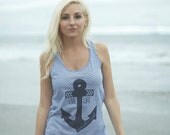 Live Life Anchored Striped Gathered Racerback Tank-Navy