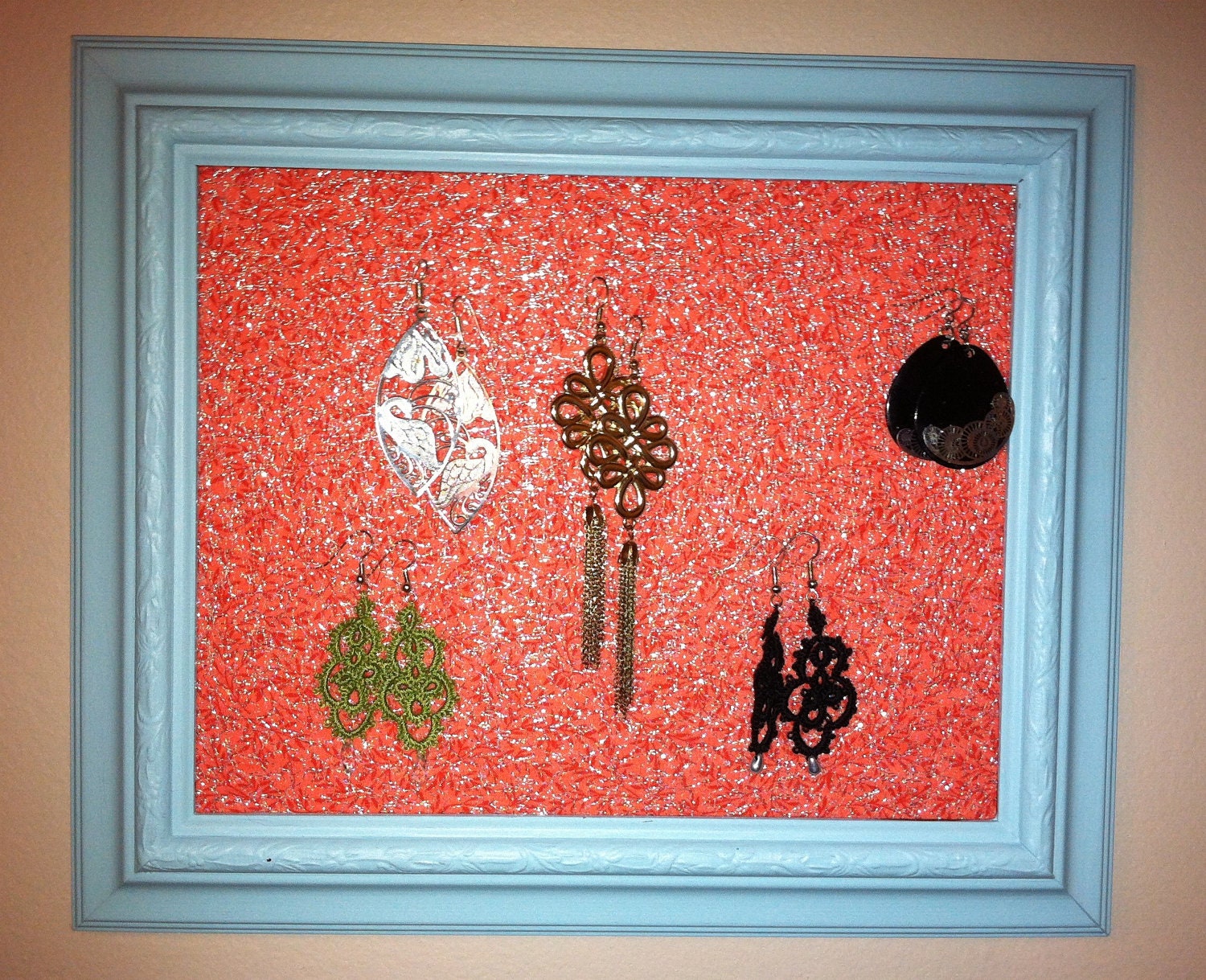 Blue Earring and Jewelry Holder Frame/Display with Lace Shabby Vintage Inspired Floral