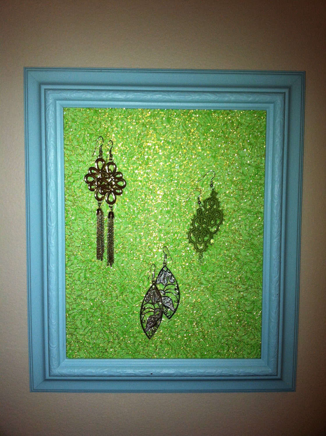 Blue Green Earring and Jewelry Holder Frame/Display with Lace Shabby Vintage Inspired Floral