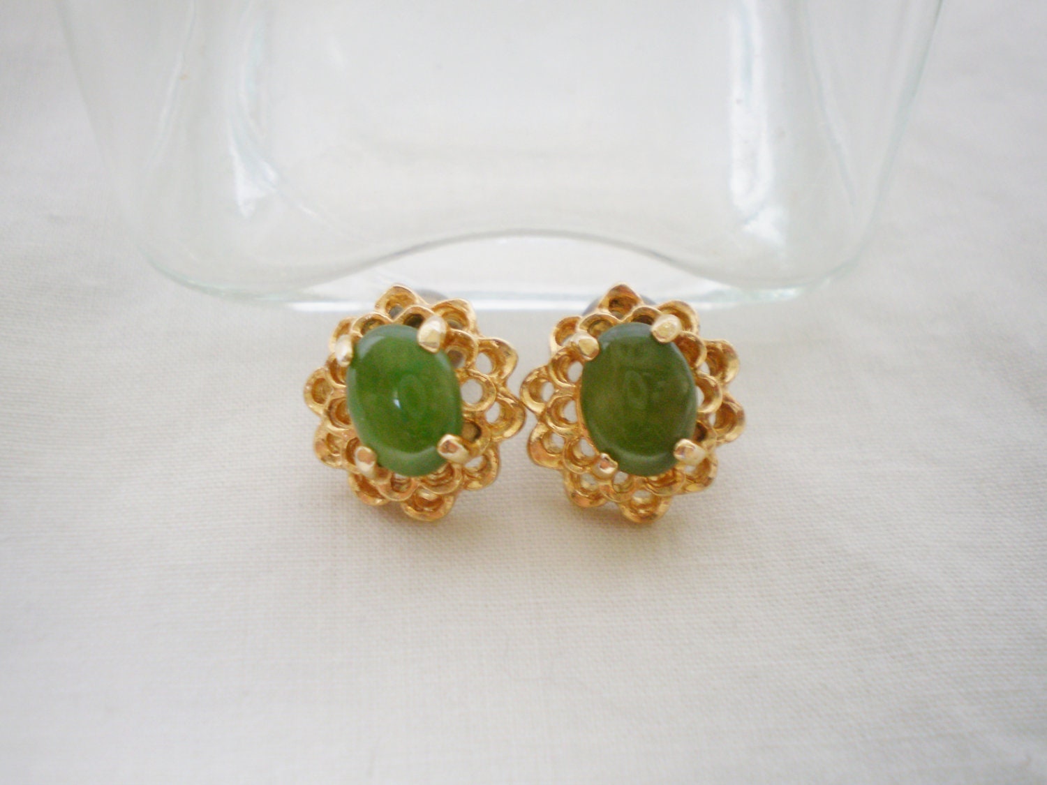 Vintage Faux Jade Earrings - 1980s Gold Tone Filigree Edging Pierced