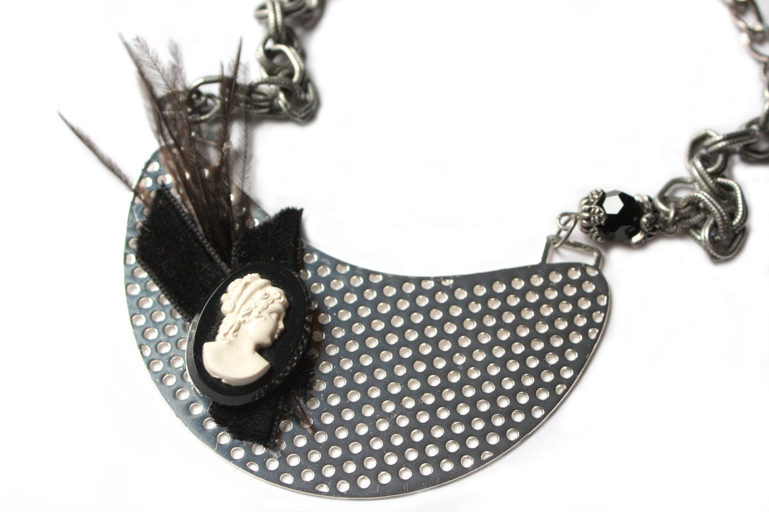 Vintage Cameo Pin and Antique Black Ostrich Feather Bib Necklace