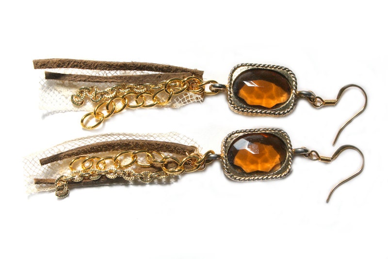 Upcycled Vintage Gold Rhinestone, Antique Lace, Leather, and Chain 14K Gold Plated Chandelier Earrings