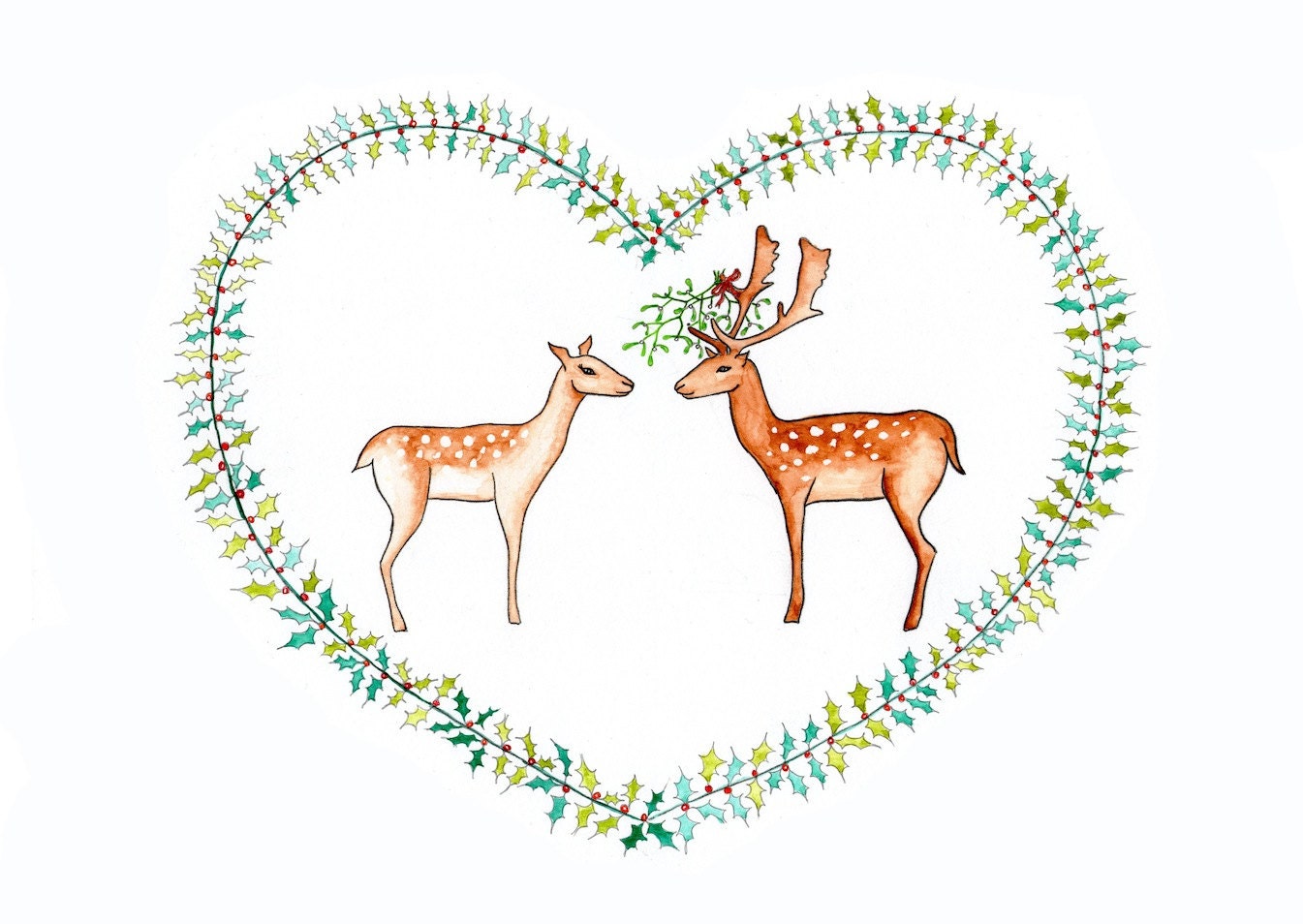Art Print from Original Watercolour, Christmas Deer in Love