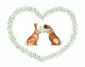 Art Print from Original Watercolour, Christmas Rabbits in Love