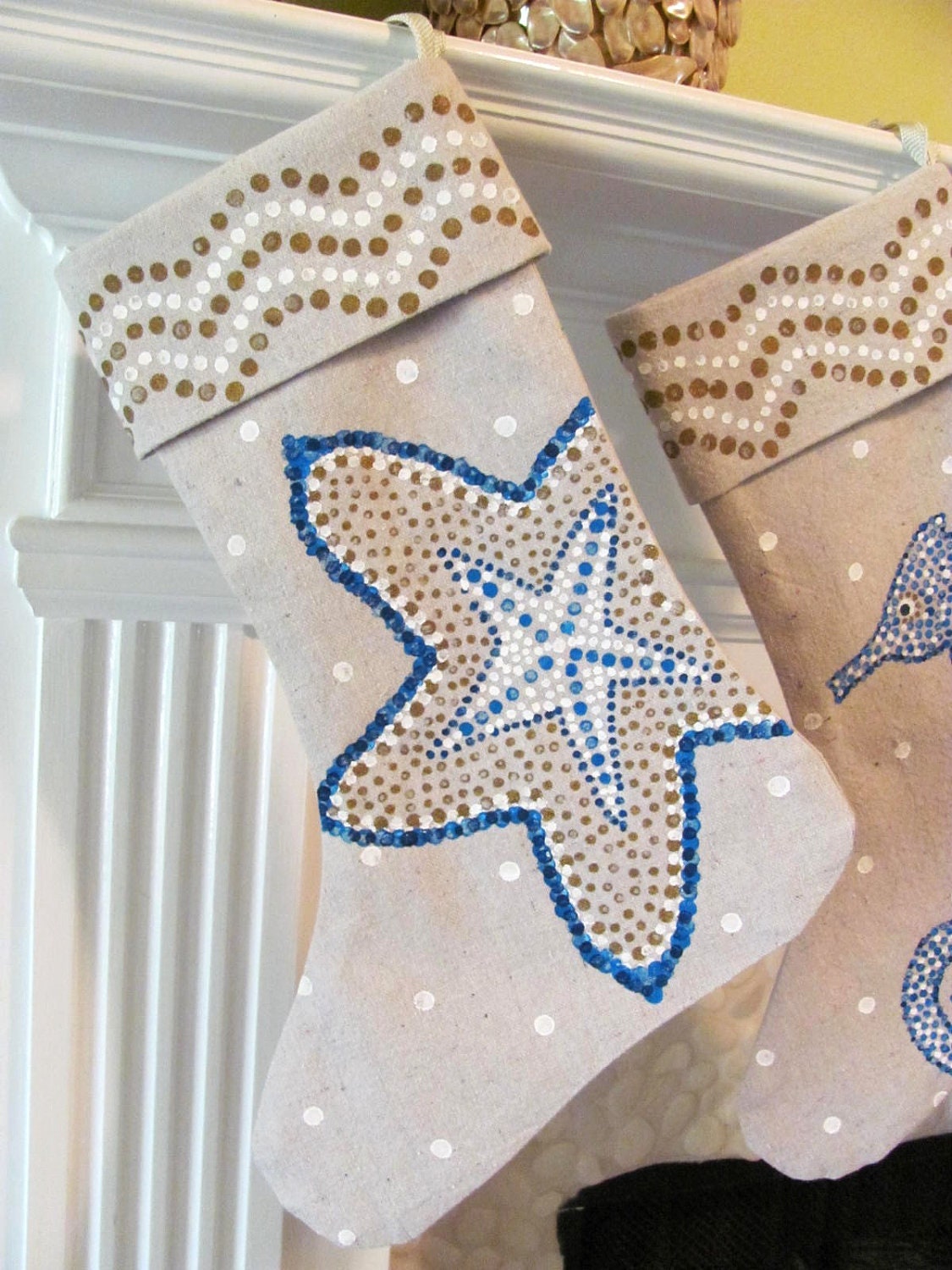 Starfish Design Hand Painted Canvas Cuffed Christmas Stocking Nautical, Sea Life, Ocean, Beach Christmas