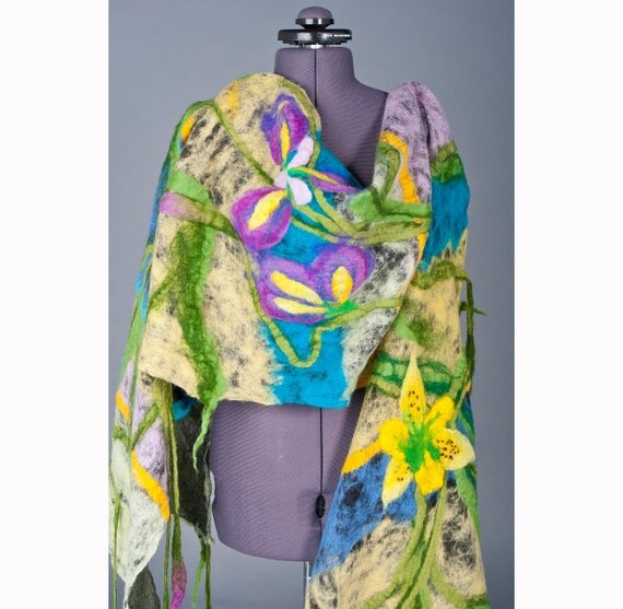 Felted Scarf Fall Fashion  Multicolor Merino Wool Silk Felt Scarves Scarf Cobweb Wrap Scarves