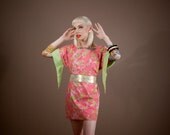 1970s Vintage Handmade Pink Cotton Kimono Mini Tiki Dress