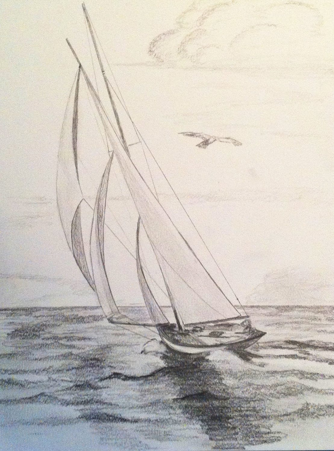 Three Sails Sailboat Original Pencil Drawing by paintingjimmy1