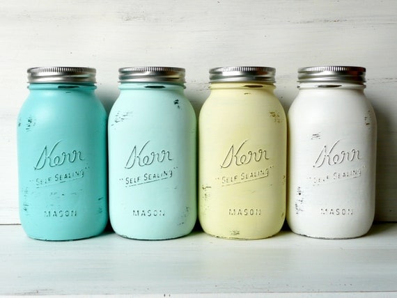 Seaside - SPRING and SUMMER WEDDING and Home Decor - Painted Mason Jars - Vase