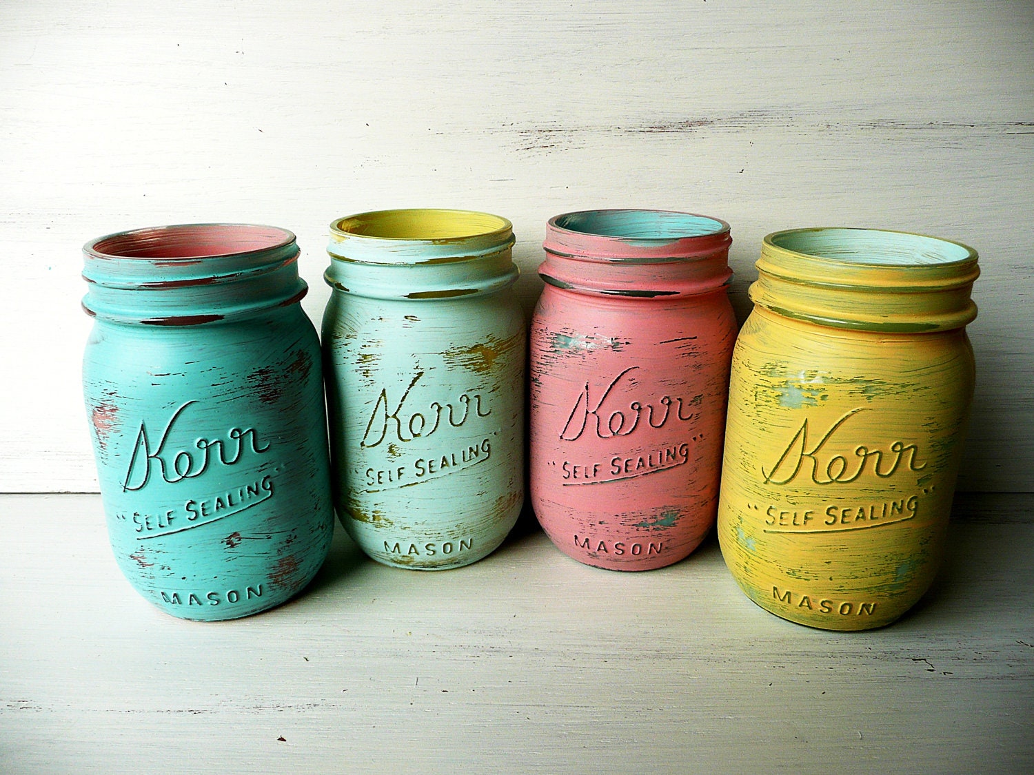 Miami inside/outside pint - Shabby Chic Hand Painted and Distressed Mason Jars - Vases