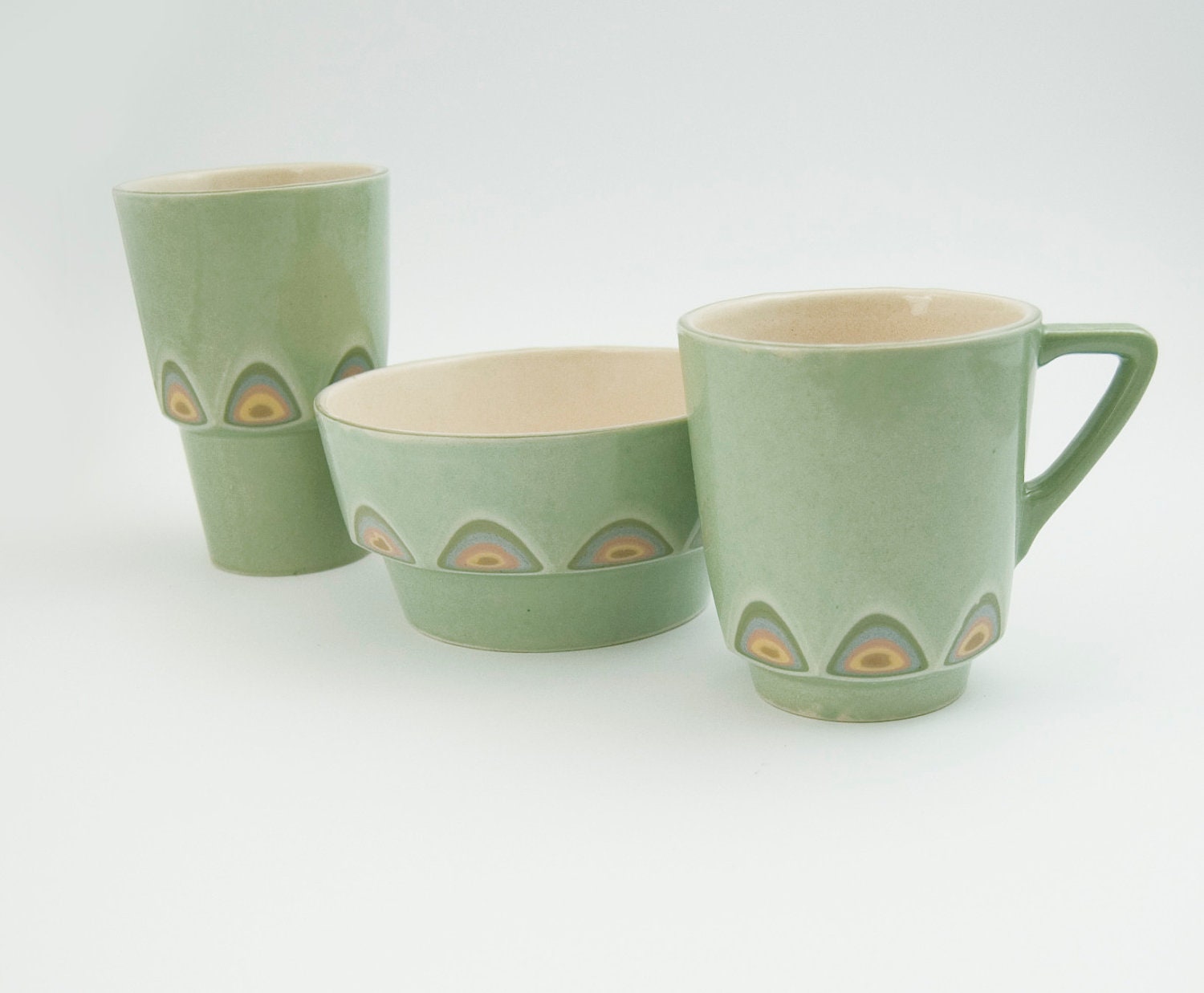 Ceramic stoneware breakfast set cup mug bowl - unique handmade decorative textured kitchen pottery modern - tea coffee juice cereal - green