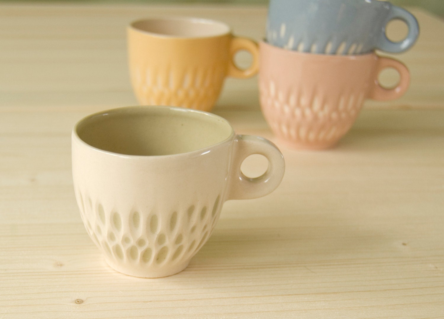 Ceramic stoneware cup coffee espresso - unique handmade decorative textured kitchen pottery morning coffee - set for four - wedding gift