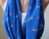 Mother's Day - Infinty Scarf - Circle Scarf  -  Loop Scarf - Blue Scarf with Glasses Patterned - Chiffon Fabric