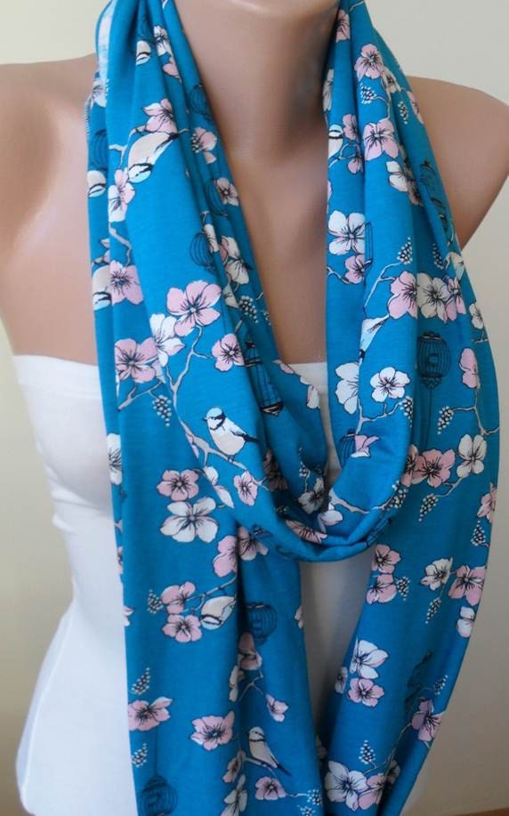 New - Fall Trend - Infinty - Circle -  Loop Scarf - Blue with White Flowers and Birds - Cotton Jersey