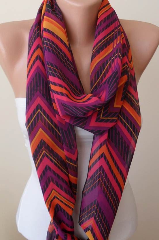 New - Infinty Scarf - Circle Scarf  -  Loop Scarf - Colorful Zigzag Scarf  - Chiffon Fabric