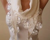 New - Gift Scarf - Creamy White Pashmina Scarf with Trim Edge