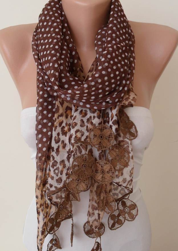 Mother's Day - Brown Leopard and Polka Dots Scarf - Silk/Chiffon Scarf with Pink Trim Edge